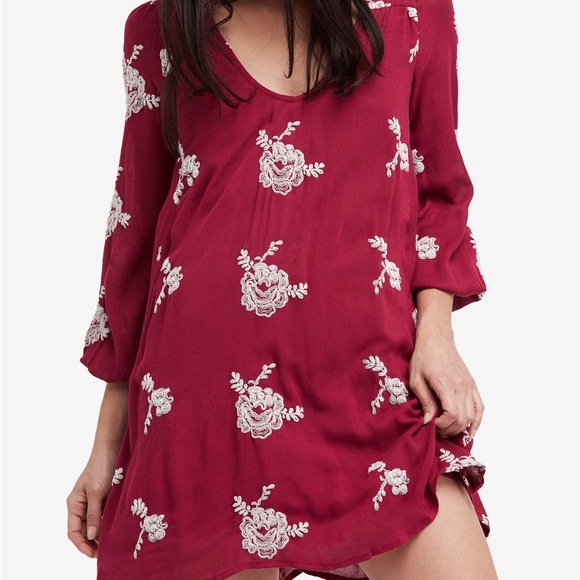 Free People Dresses & Skirts - FREE PEOPLE red EMBROIDERED EMMA open back SWING long sleeve mini tunic DRESS M